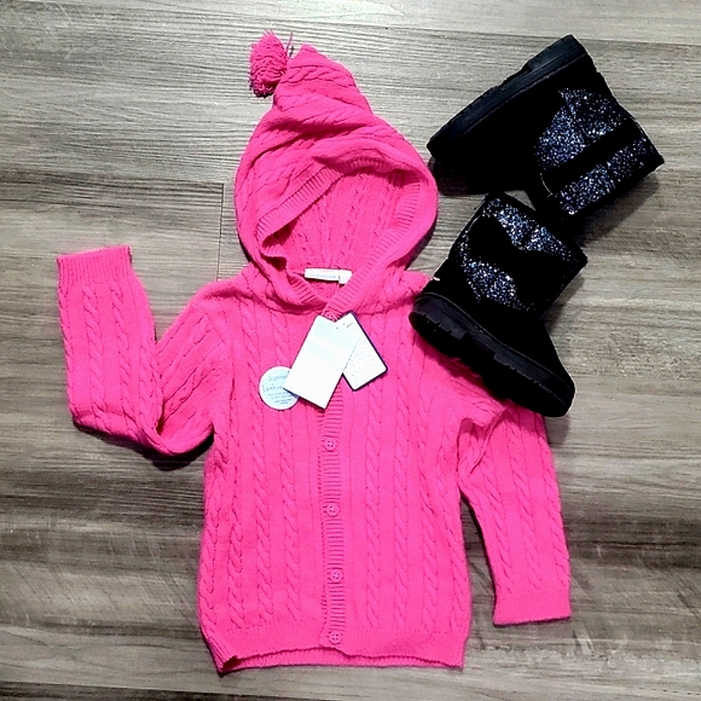 NWT JoJo Maman Be'be' cableknit pink button up hoodie made with lambswool